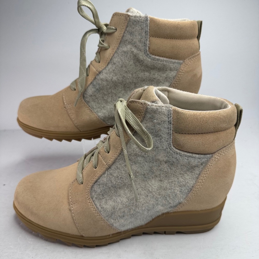 Sorel Evie II Lace Tan Suede Grey Felt Wedge Ankle Boots NL4926-209 Womens 8.5 - Picture 2 of 8